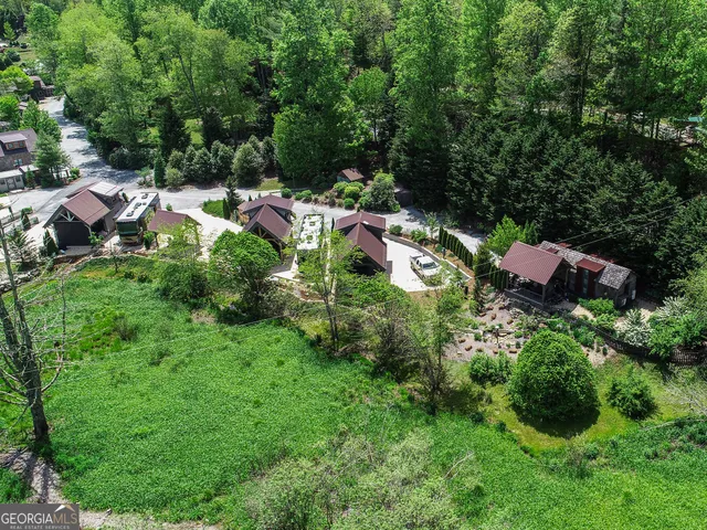 an aerial view of residential house with outdoor space and trees all around
