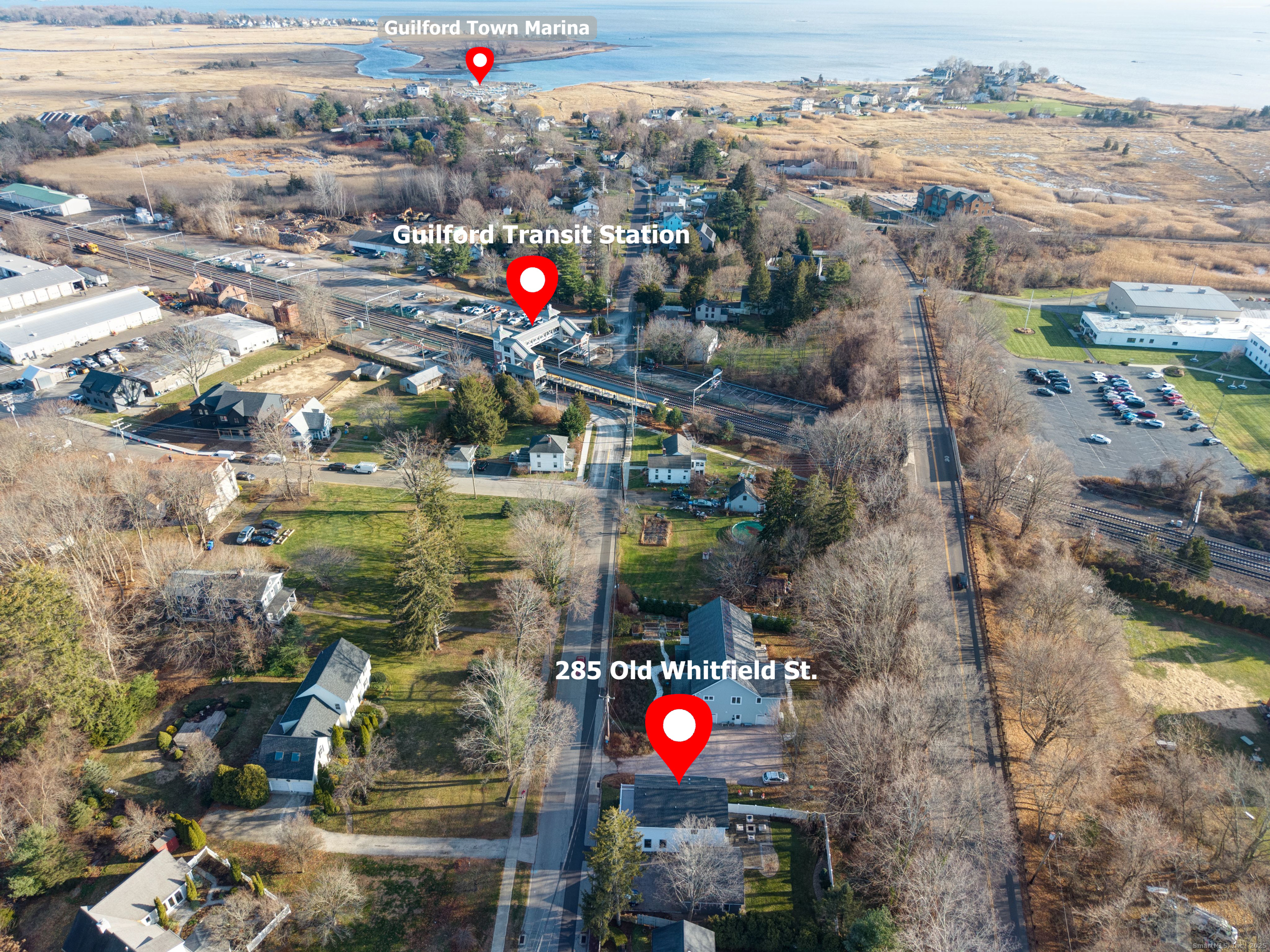 285 Old Whitfield Street Guilford, CT 06437 - Photo 3 of 40 Aerial photo revealing the home's ideal location just steps from the train station, marina & docks, and town beach...