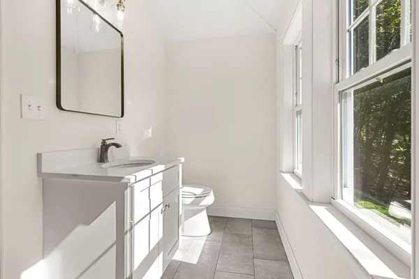 a bathroom with a sink a toilet and a mirror