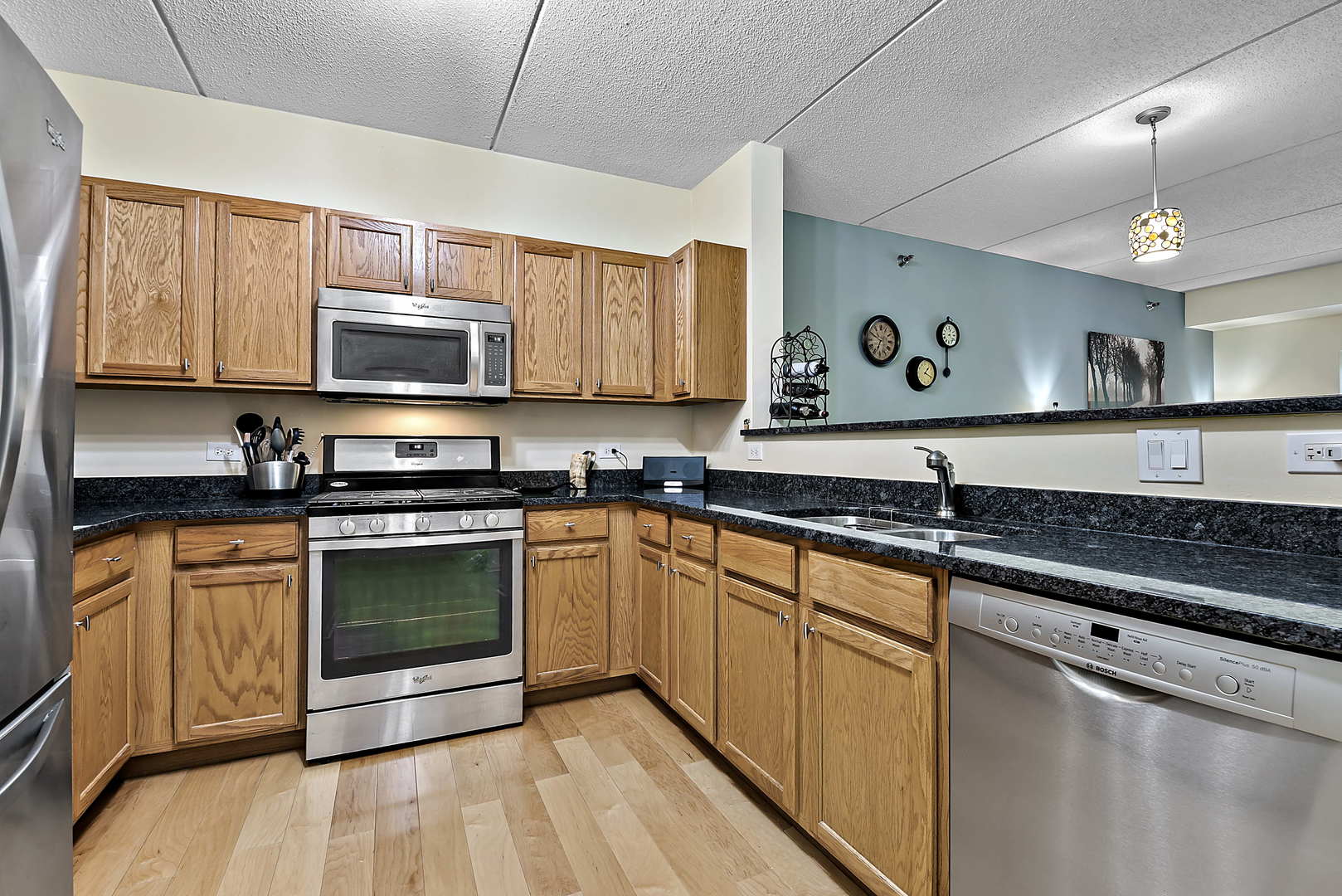 440 West Mahogany Court, Unit 208 Palatine, IL 60067 - Photo 4 of 16 a kitchen with stainless steel appliances granite countertop a stove a sink and a microwave