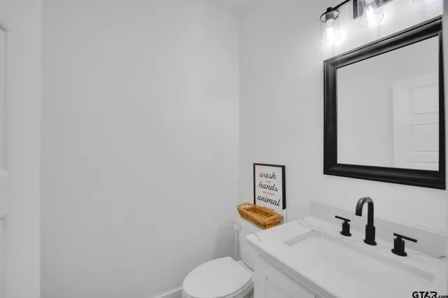 a bathroom with a toilet sink vanity and mirror