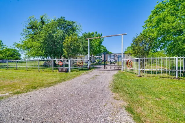 a view of a park with large trees