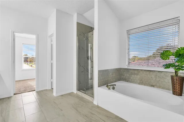a bathroom with a tub shower and mirror
