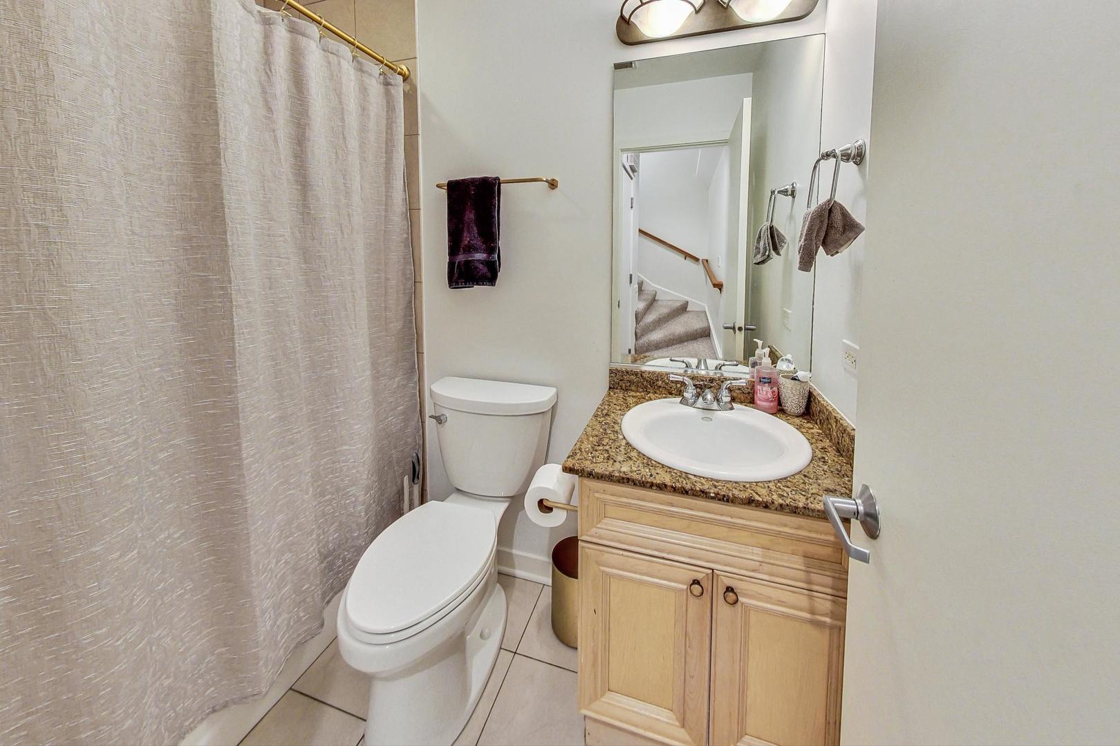 18 North Ada Street, Unit D Chicago, IL 60607 - Photo 42 of 42 a bathroom with a granite countertop sink toilet and a mirror
