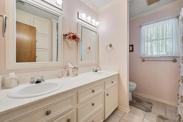 a bathroom with a double vanity sink a toilet and a mirror