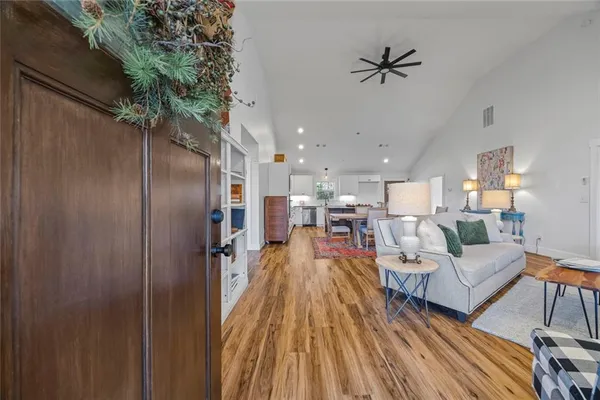 a view of a dining room with furniture