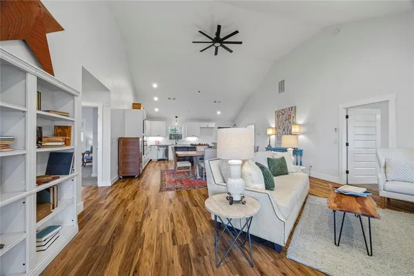 a view of a dining room with furniture