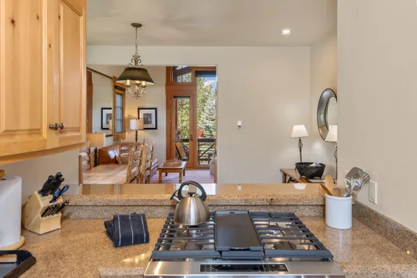 a view of a dining room with furniture