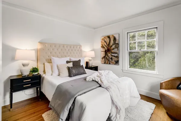a view of a dining room with furniture window and outside view