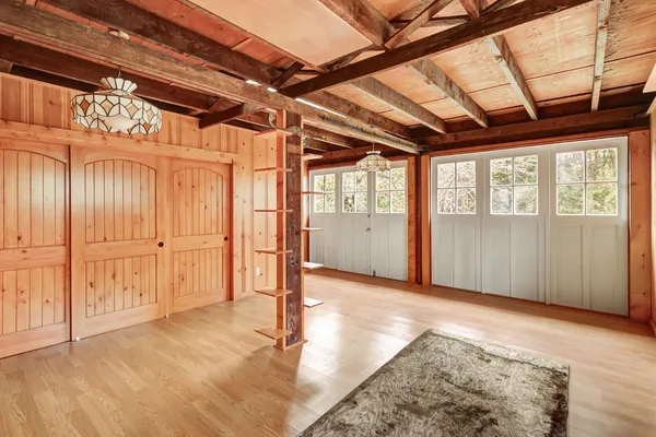 a view of a park with large trees