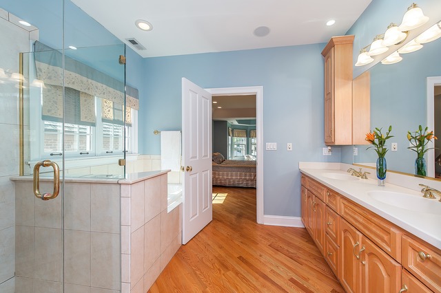 330 Greenleaf Avenue Wilmette, IL 60091 - Photo 15 of 23 a bathroom with a granite countertop sink a toilet a mirror and shower