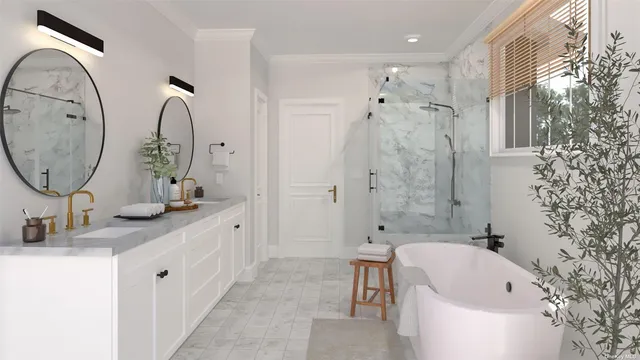 a bathroom with a double vanity sink mirror and bathtub