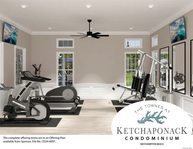 a room with gym equipment and a large window