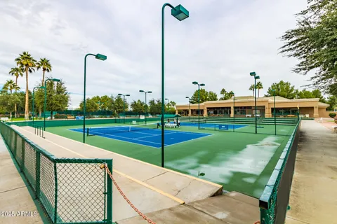 a view of swimming pool with a yard and palm trees