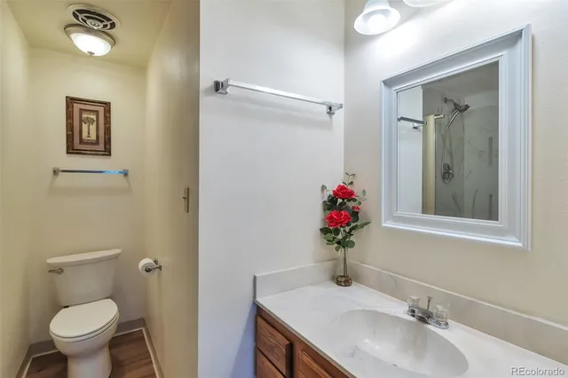 a bathroom with a sink vanity mirror and toilet