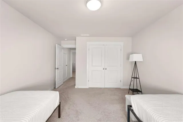 a bedroom with a bed and a closet