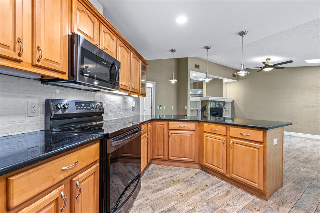 3404 Brian Road South Palm Harbor, FL 34685 - Photo 16 of 71 a kitchen with stainless steel appliances granite countertop a stove a sink and a microwave