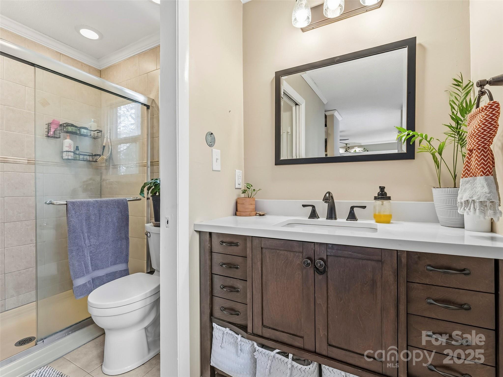 531 Three Mile Knob Road Pisgah Forest, NC 28768 - Photo 22 of 37 a bathroom with a toilet a sink a mirror and a shower