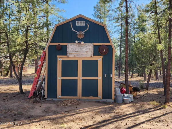 a view of a wooden house with large trees