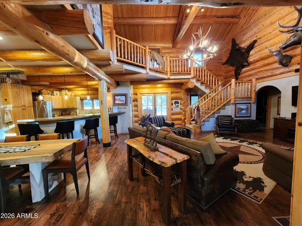 a view of a dining room with furniture