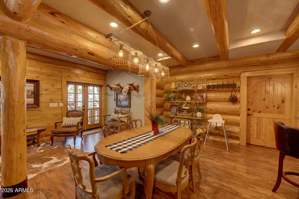 a view of a dining room with furniture