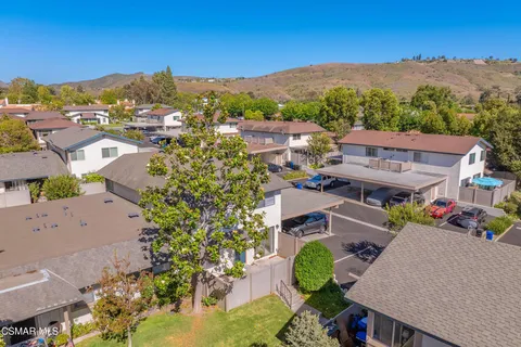 an aerial view of a house with a garden