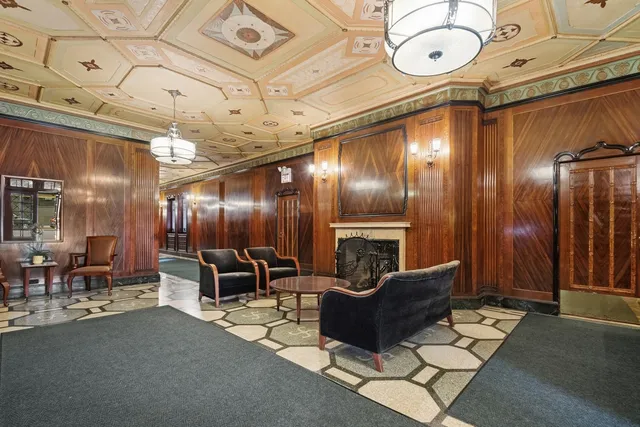 a lobby with furniture