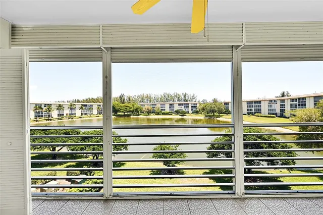 a view of a kitchen from a window