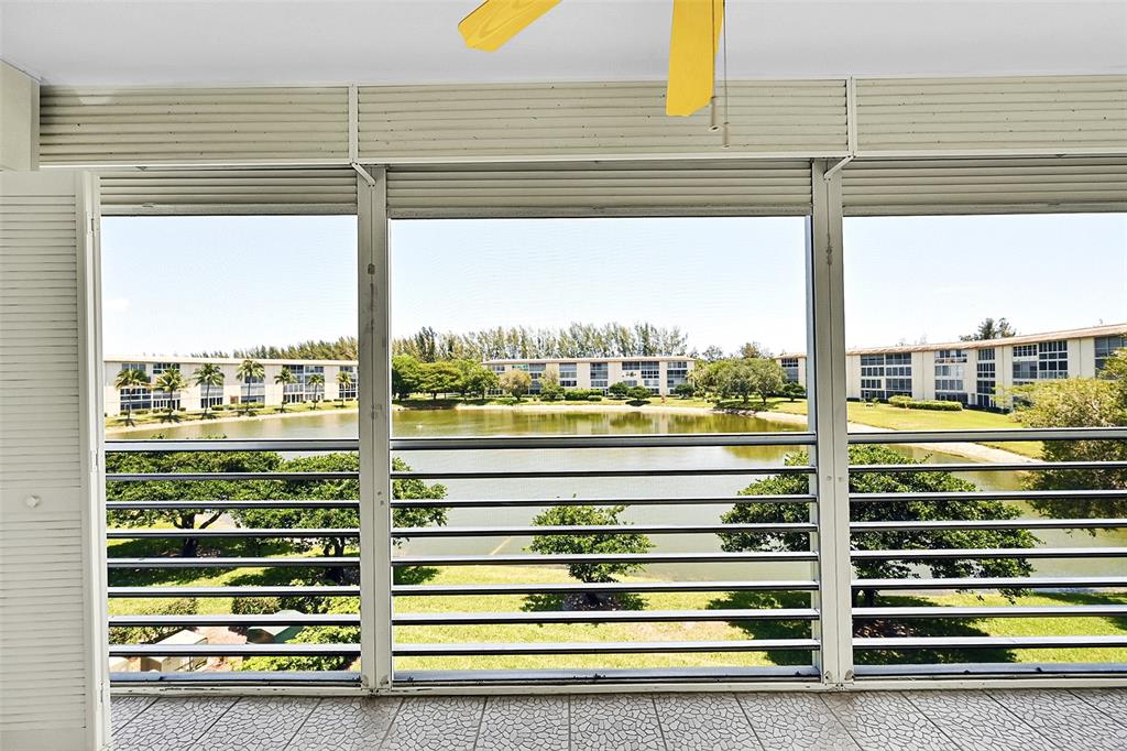 a view of a kitchen from a window