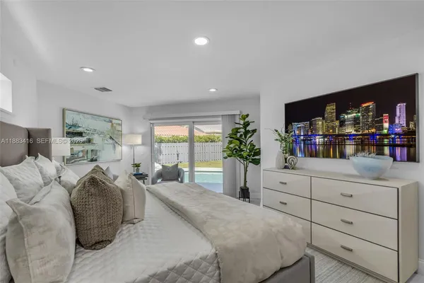 a spacious bedroom with a large bed and a flat tv screen on dresser