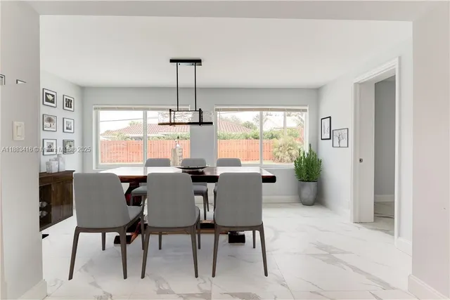 a view of a dining room with furniture window and outside view