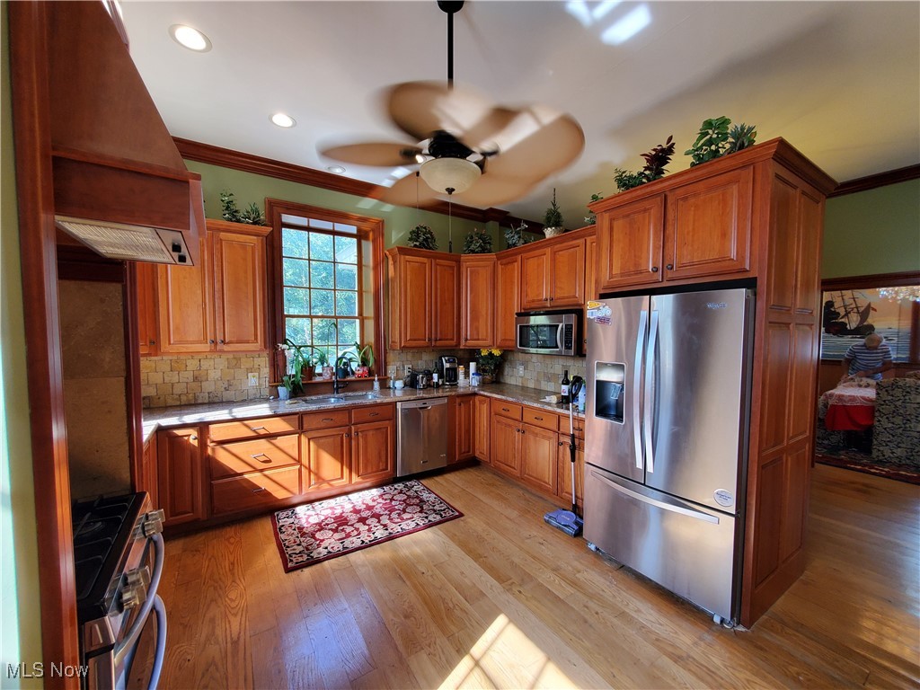 150 Main Street Hayesville, OH 44805 - Photo 10 of 50 Kitchen featuring stainless steel appliances, wood cabinets, crown molding, custom exhaust hood, and a ceiling fan.