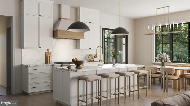 a kitchen with a table chairs stove and cabinets