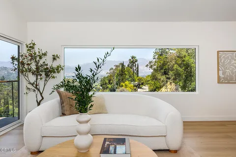 a living room with furniture plant and a large window