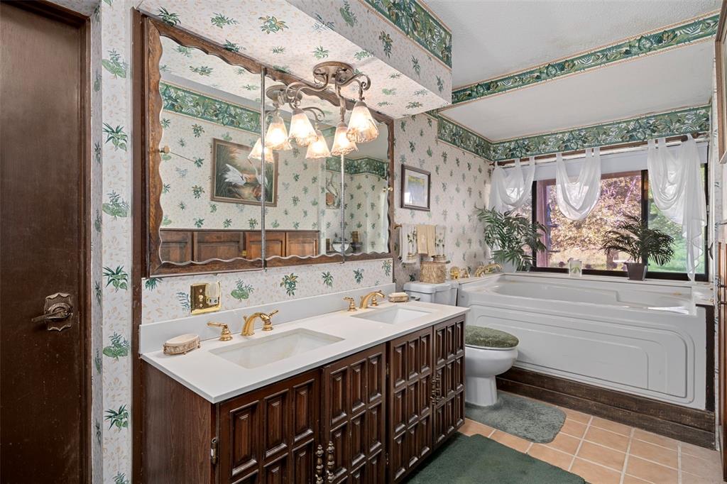 25927 Old Spring Lake Road Brooksville, FL 34601 - Photo 35 of 60 a bathroom with a sink a large mirror and a bathtub