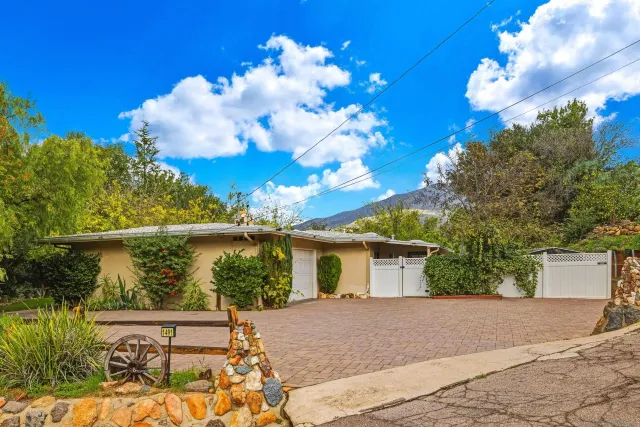 a view of a house with a yard and a large tree