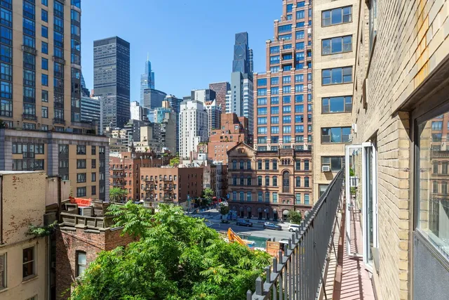 a city view with tall buildings