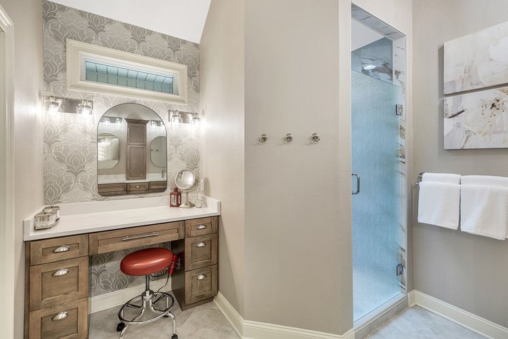 402 Boaters Row Fair Play, SC 29643 - Photo 11 of 50 This primary bathroom features a vanity, shower, and elegant wallpaper, enhancing daily routines.