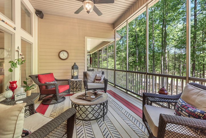 402 Boaters Row Fair Play, SC 29643 - Photo 22 of 50 This inviting screened porch offers serene wooded views, perfect for relaxation and enjoying nature's tranquility.