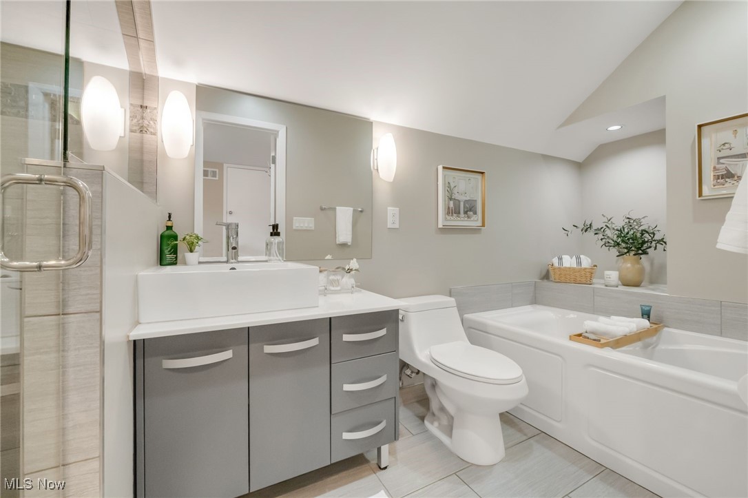 2524 Claver Road Cleveland, OH 44118 - Photo 32 of 50 Full bathroom featuring vanity, toilet, a bath, lofted ceiling, and a stall shower