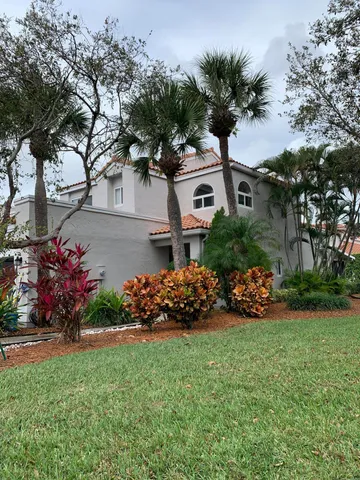 a view of a house with a big yard and a large tree