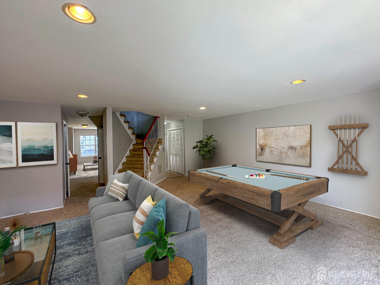 1212 Plymouth Road North Brunswick, NJ 08902 - Photo 4 of 27 a living room with furniture pool table and paintings on the wall