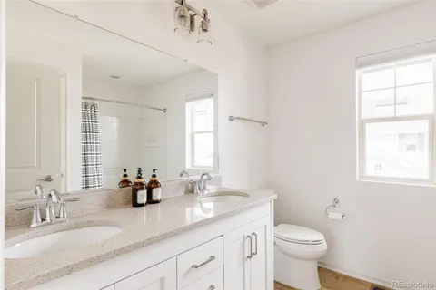 a bathroom with a double vanity sink toilet and a mirror
