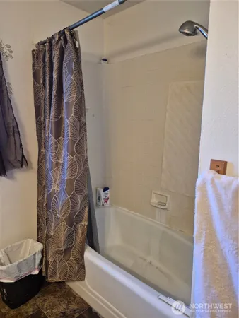 a bathroom with a shower and a toilet