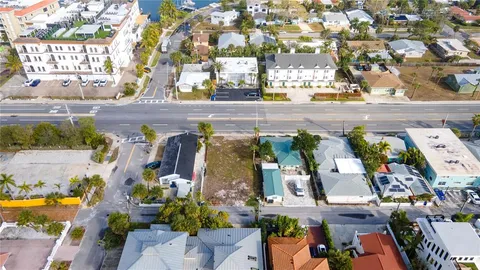 an aerial view of a building with outdoor space