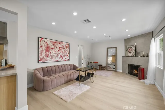 a living room with furniture or couch and a fireplace