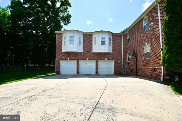 a view of a park with large trees