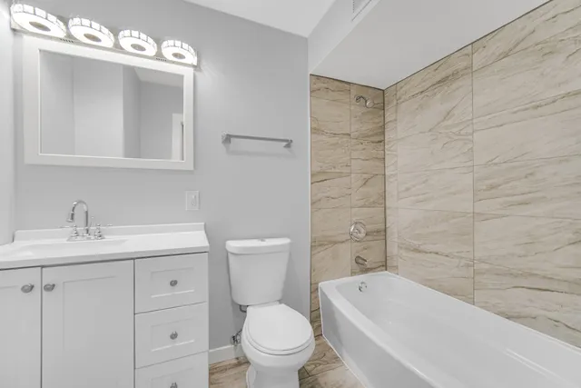 a bathroom with a toilet a sink a bath tub and mirror