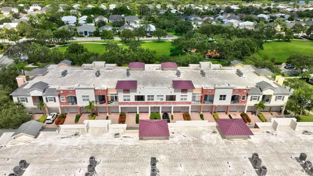 an aerial view of a swimming pool
