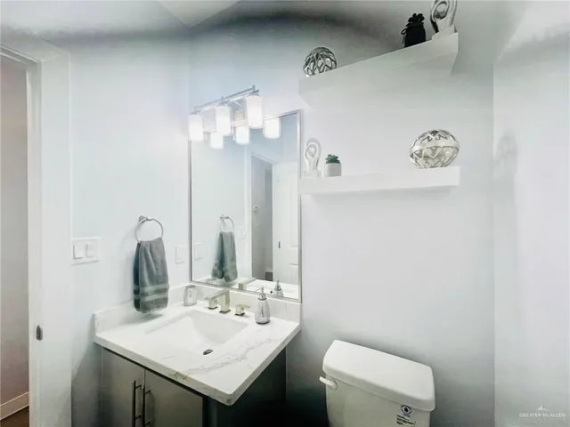 a bathroom with a sink vanity and a toilet